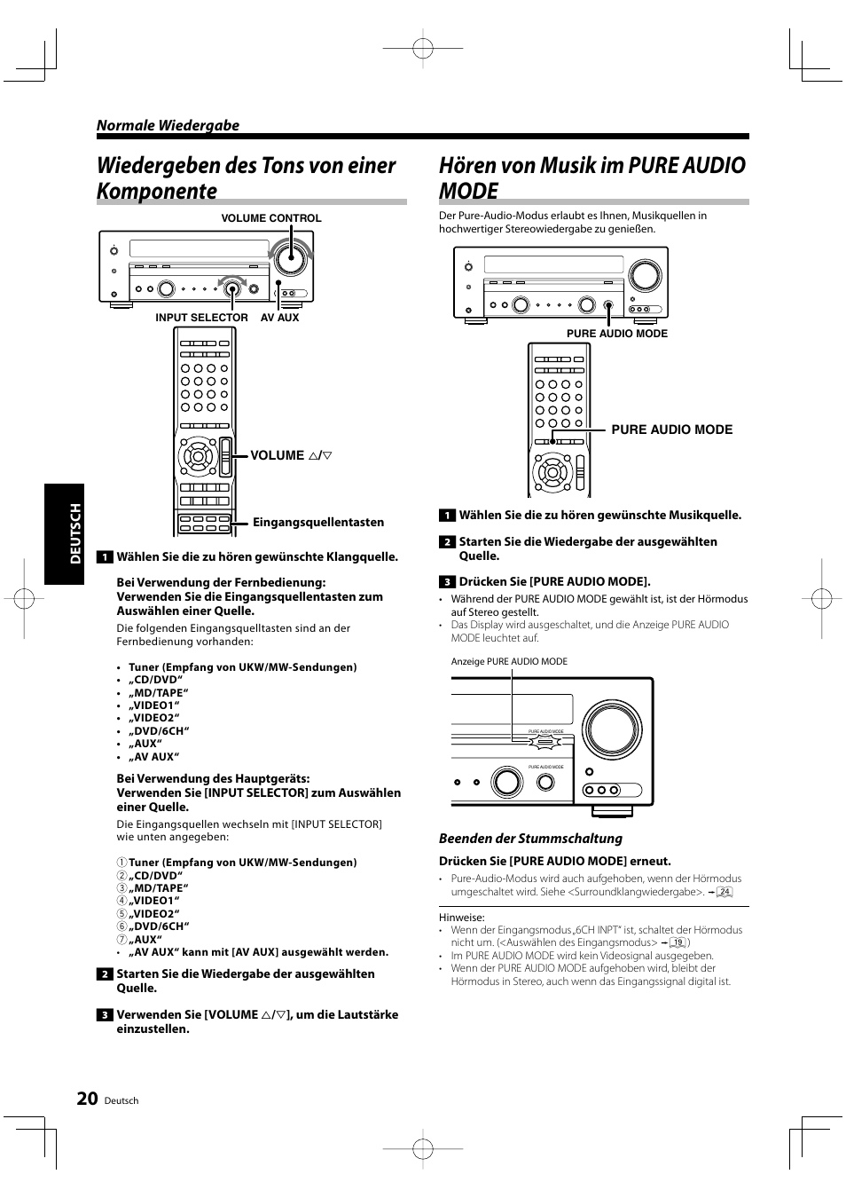 Wiedergeben des tons von einer komponente, Hören von musik im pure audio mode, Normale wiedergabe | Kenwood KRF-V5200D User Manual | Page 58 / 192