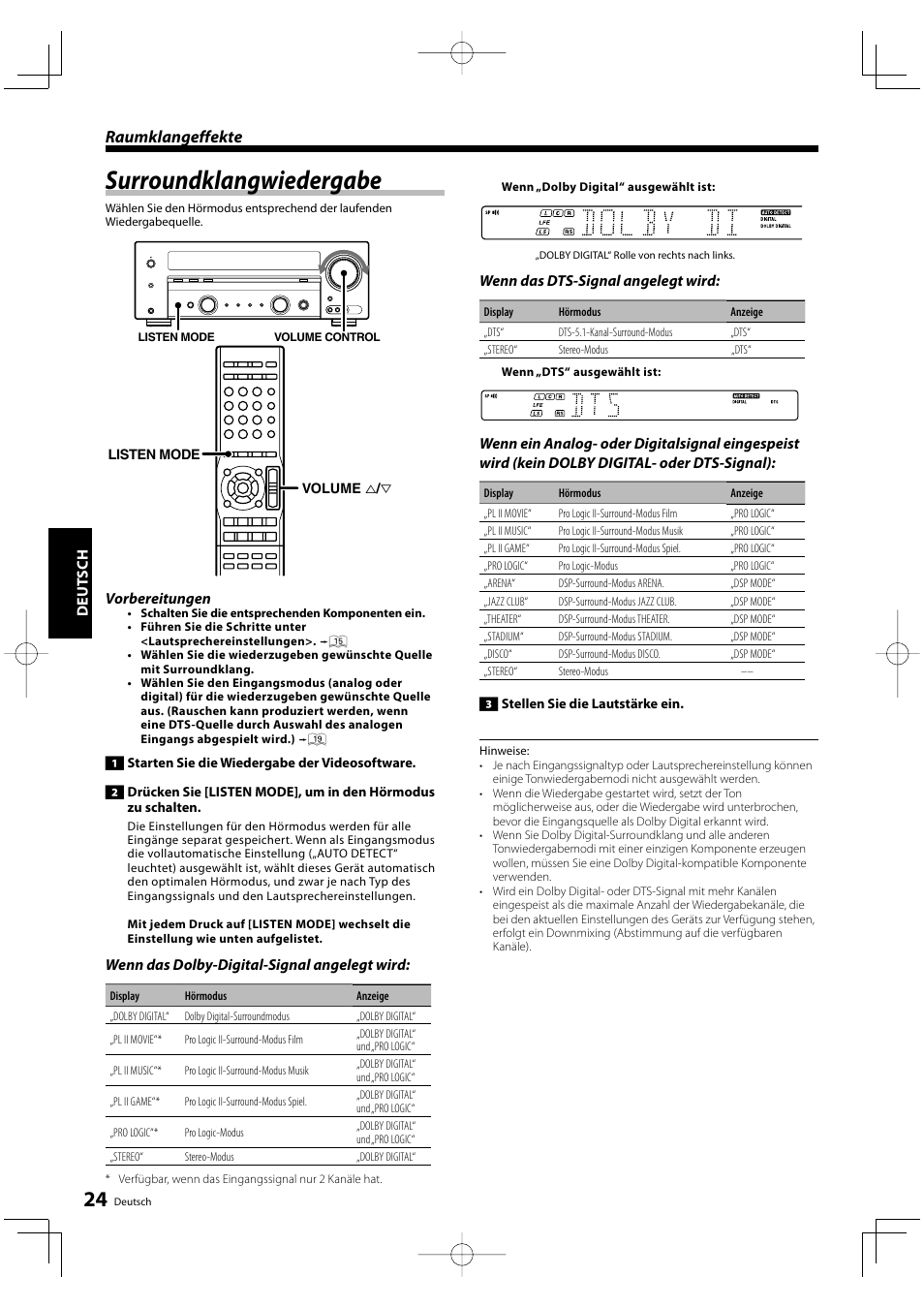 Surroundklangwiedergabe, Raumklangeffekte, Deut sch | Vorbereitungen, Wenn das dolby-digital-signal angelegt wird, Wenn das dts-signal angelegt wird | Kenwood KRF-V5200D User Manual | Page 62 / 192