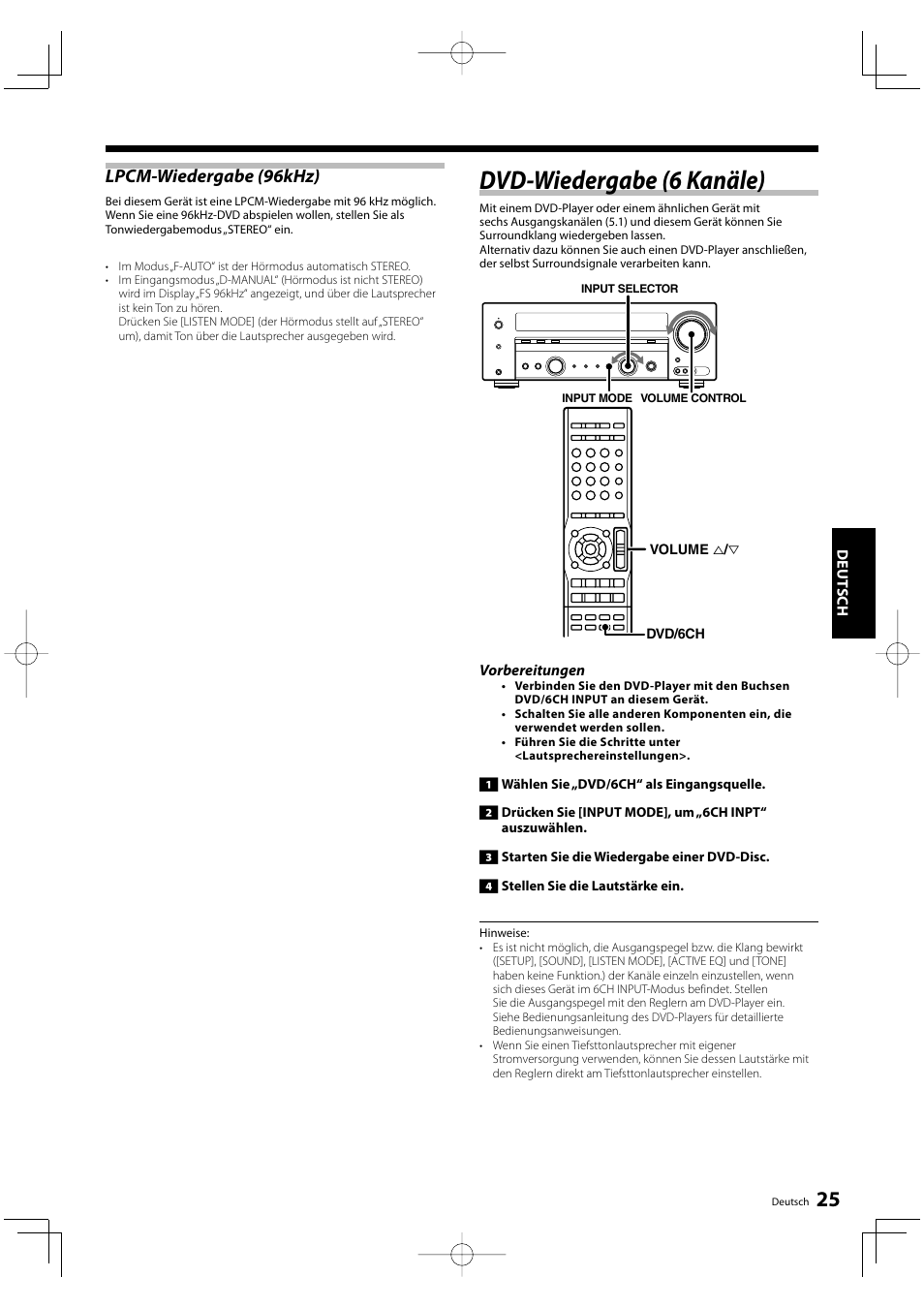 Dvd-wiedergabe (6 kanäle), Lpcm-wiedergabe (96khz) | Kenwood KRF-V5200D User Manual | Page 63 / 192