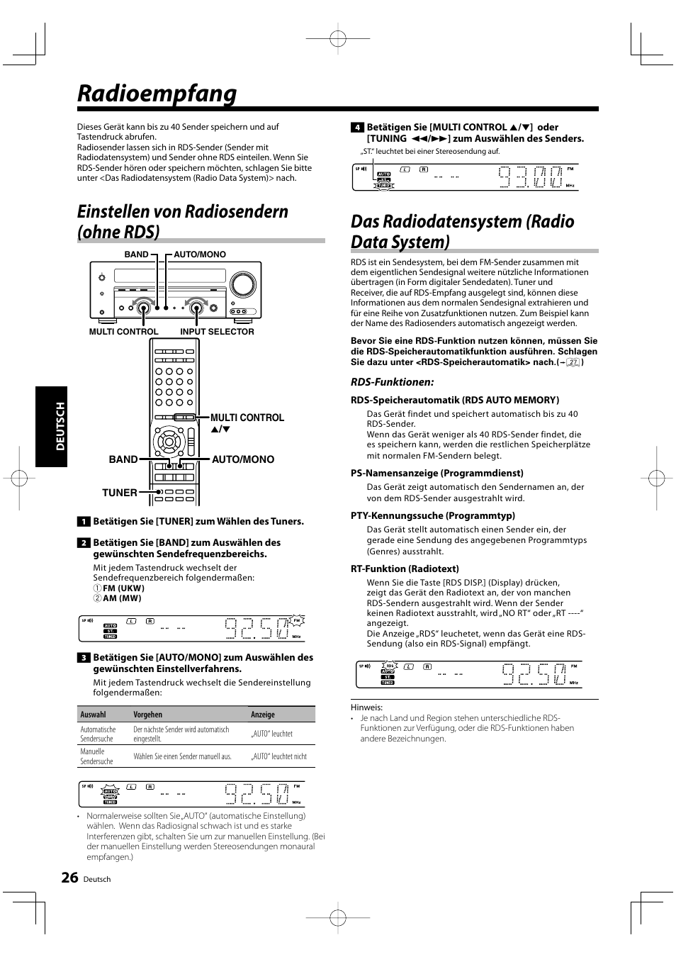 Radioempfang, Einstellen von radiosendern (ohne rds), Das radiodatensystem (radio data system) | Kenwood KRF-V5200D User Manual | Page 64 / 192