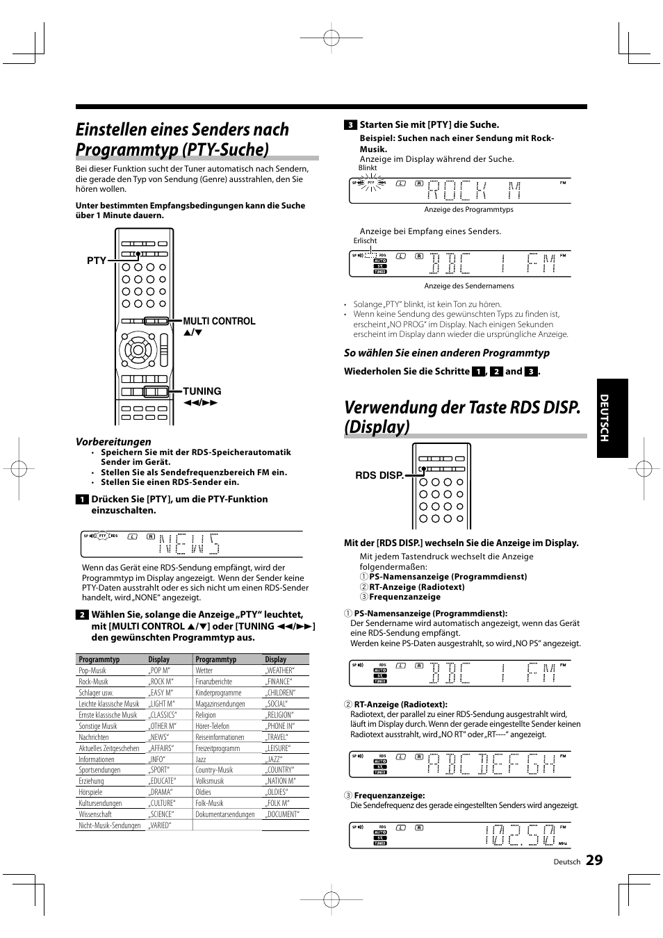 Verwendung der taste rds disp. (display), Deut sch, Vorbereitungen | So wählen sie einen anderen programmtyp | Kenwood KRF-V5200D User Manual | Page 67 / 192