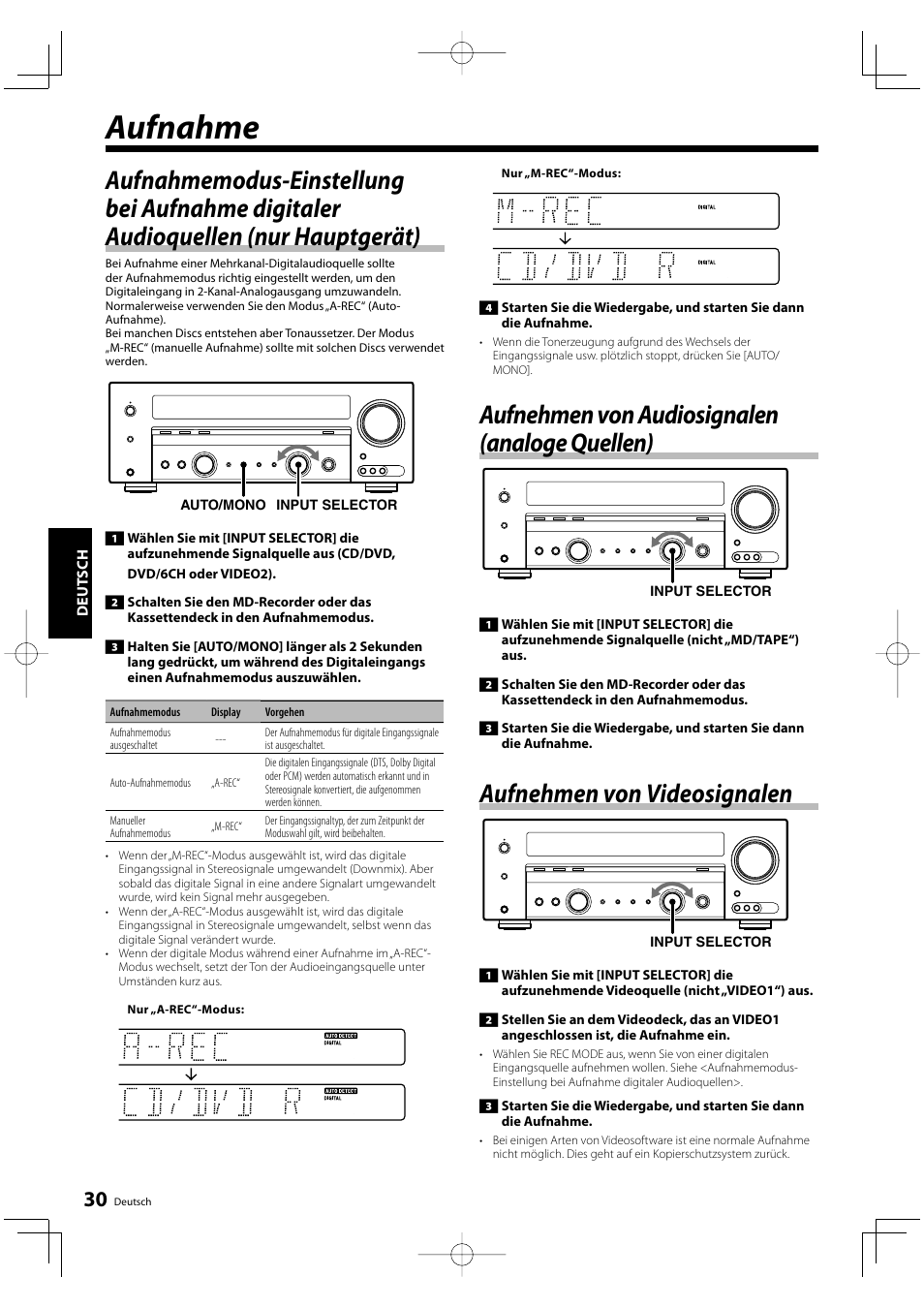 Aufnahme, Aufnehmen von audiosignalen (analoge quellen), Aufnehmen von videosignalen | Kenwood KRF-V5200D User Manual | Page 68 / 192