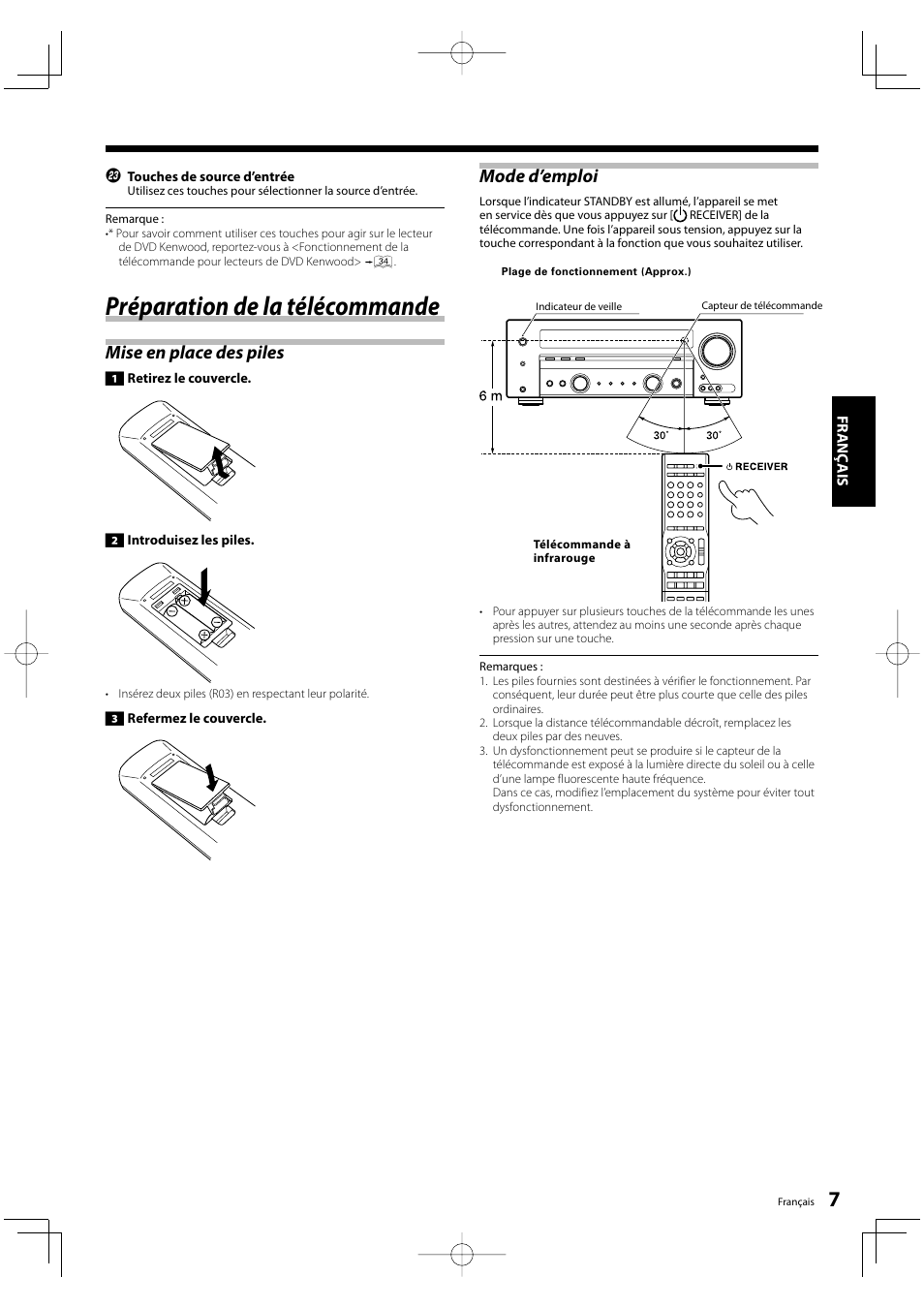 Préparation de la télécommande, Mise en place des piles, Mode d’emploi | Kenwood KRF-V5200D User Manual | Page 7 / 192