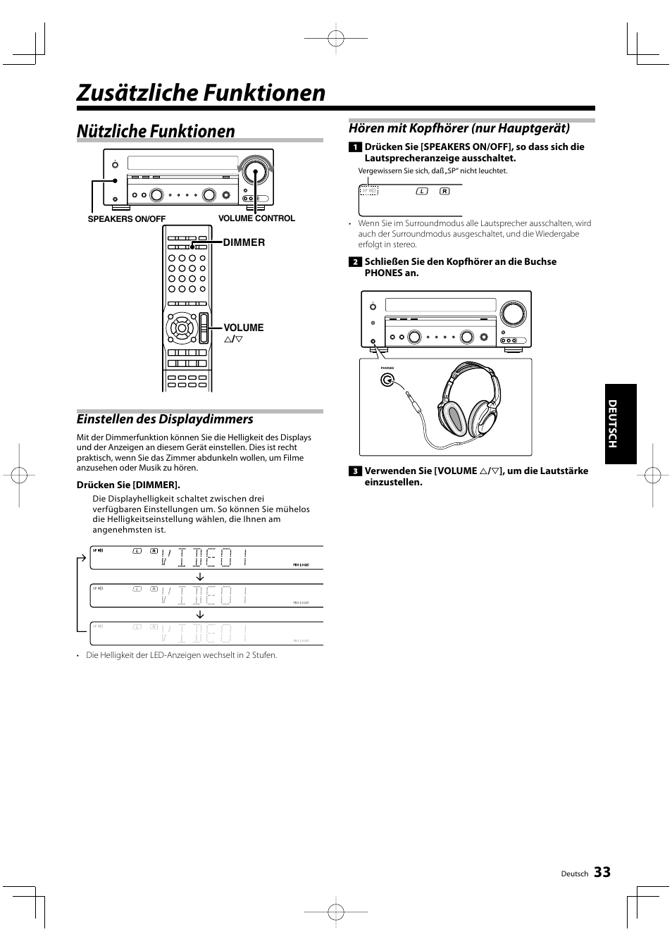 Zusätzliche funktionen, Nützliche funktionen, Einstellen des displaydimmers | Hören mit kopfhörer (nur hauptgerät) | Kenwood KRF-V5200D User Manual | Page 71 / 192