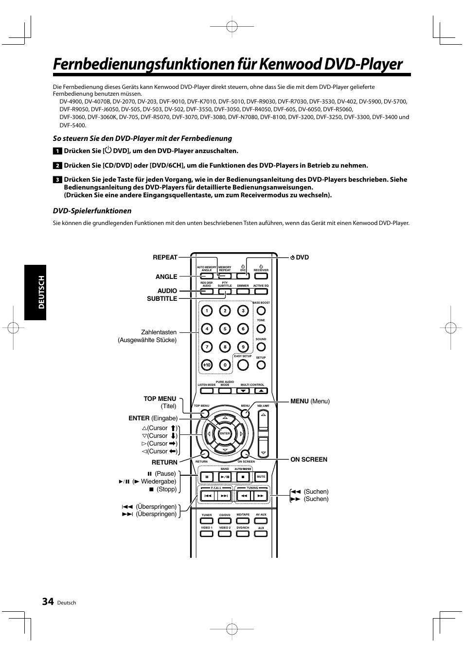 Fernbedienungsfunktionen für kenwood dvd-player, Deut sch, Dvd-spielerfunktionen | Kenwood KRF-V5200D User Manual | Page 72 / 192