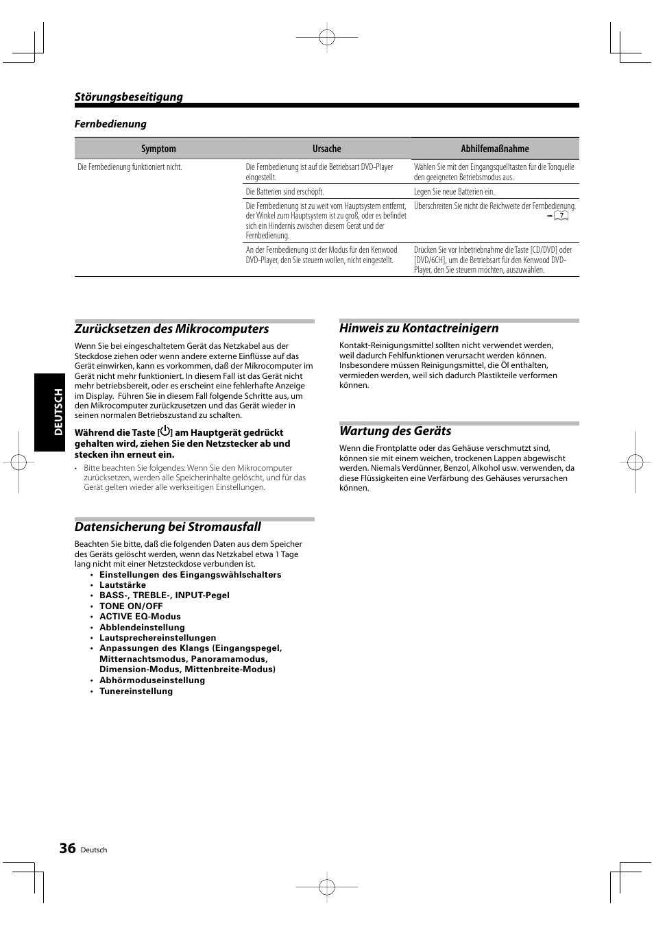 Zurücksetzen des mikrocomputers, Datensicherung bei stromausfall, Hinweis zu kontactreinigern | Wartung des geräts | Kenwood KRF-V5200D User Manual | Page 74 / 192