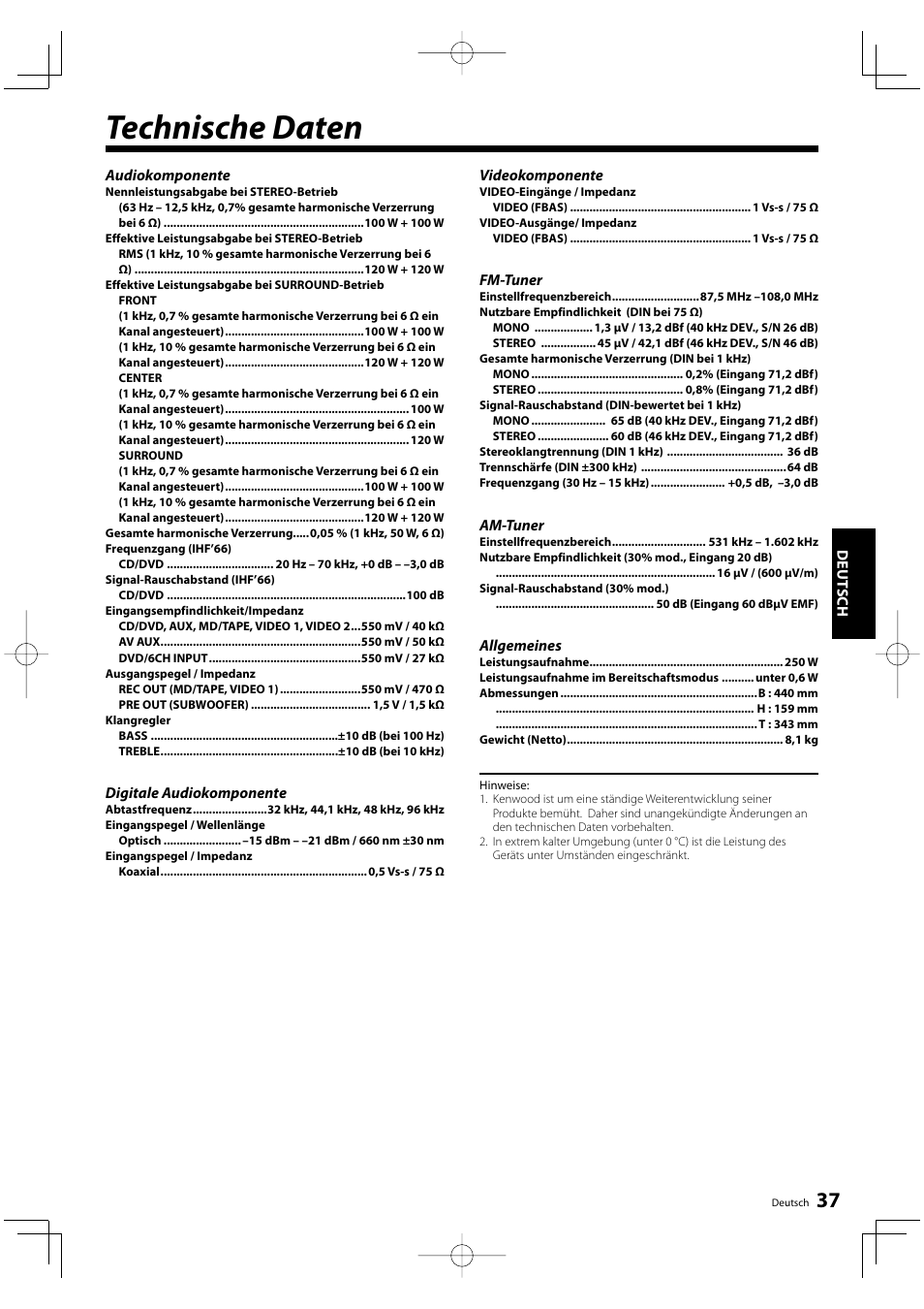 Technische daten | Kenwood KRF-V5200D User Manual | Page 75 / 192