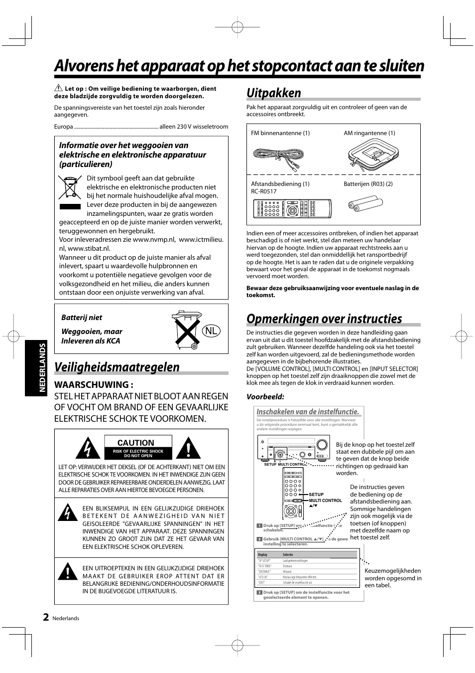 Uitpakken, Opmerkingen over instructies, Veiligheidsmaatregelen | Nederl ands, Voorbeeld, Caution | Kenwood KRF-V5200D User Manual | Page 78 / 192