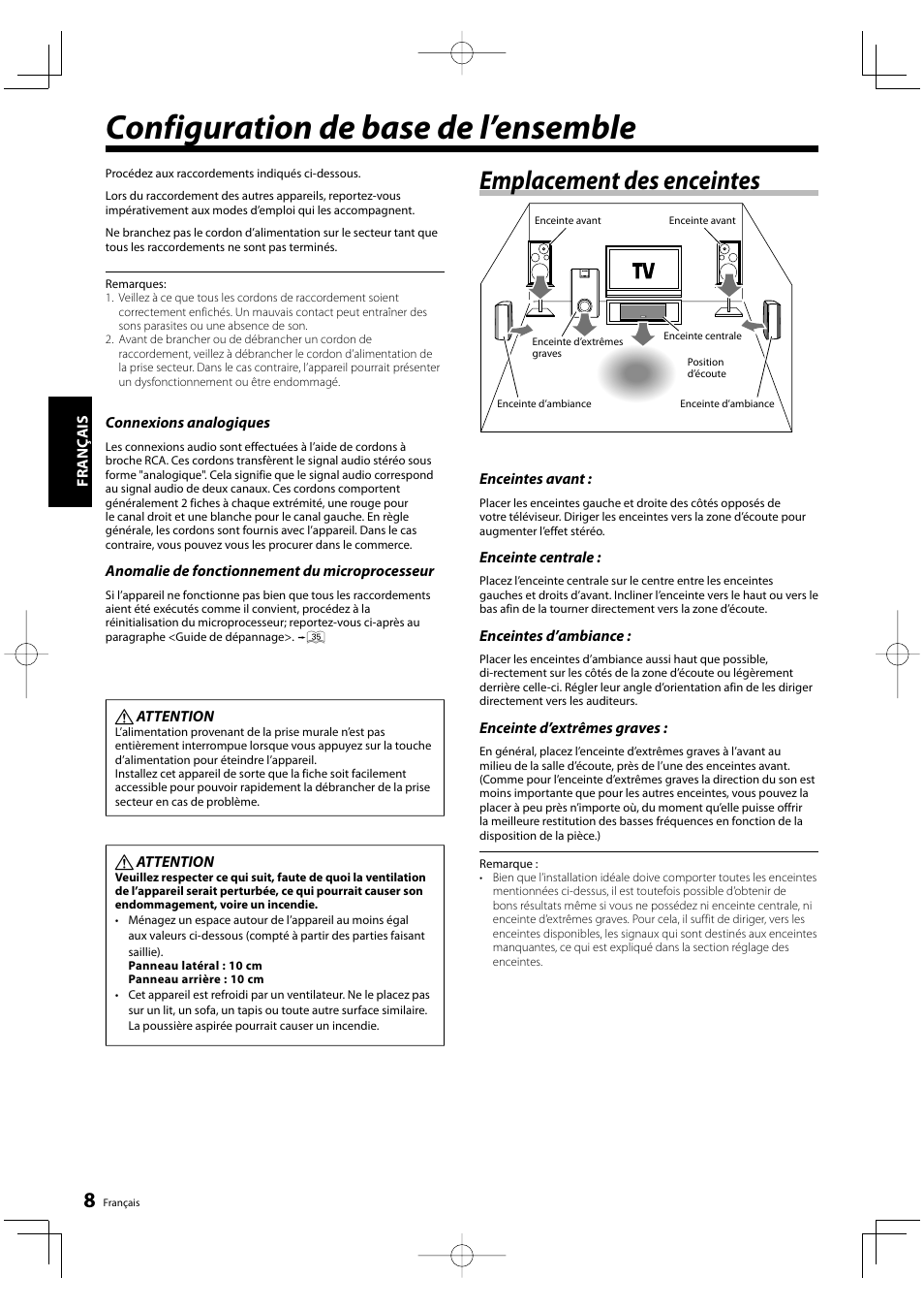 Configuration de base de l’ensemble, Emplacement des enceintes | Kenwood KRF-V5200D User Manual | Page 8 / 192