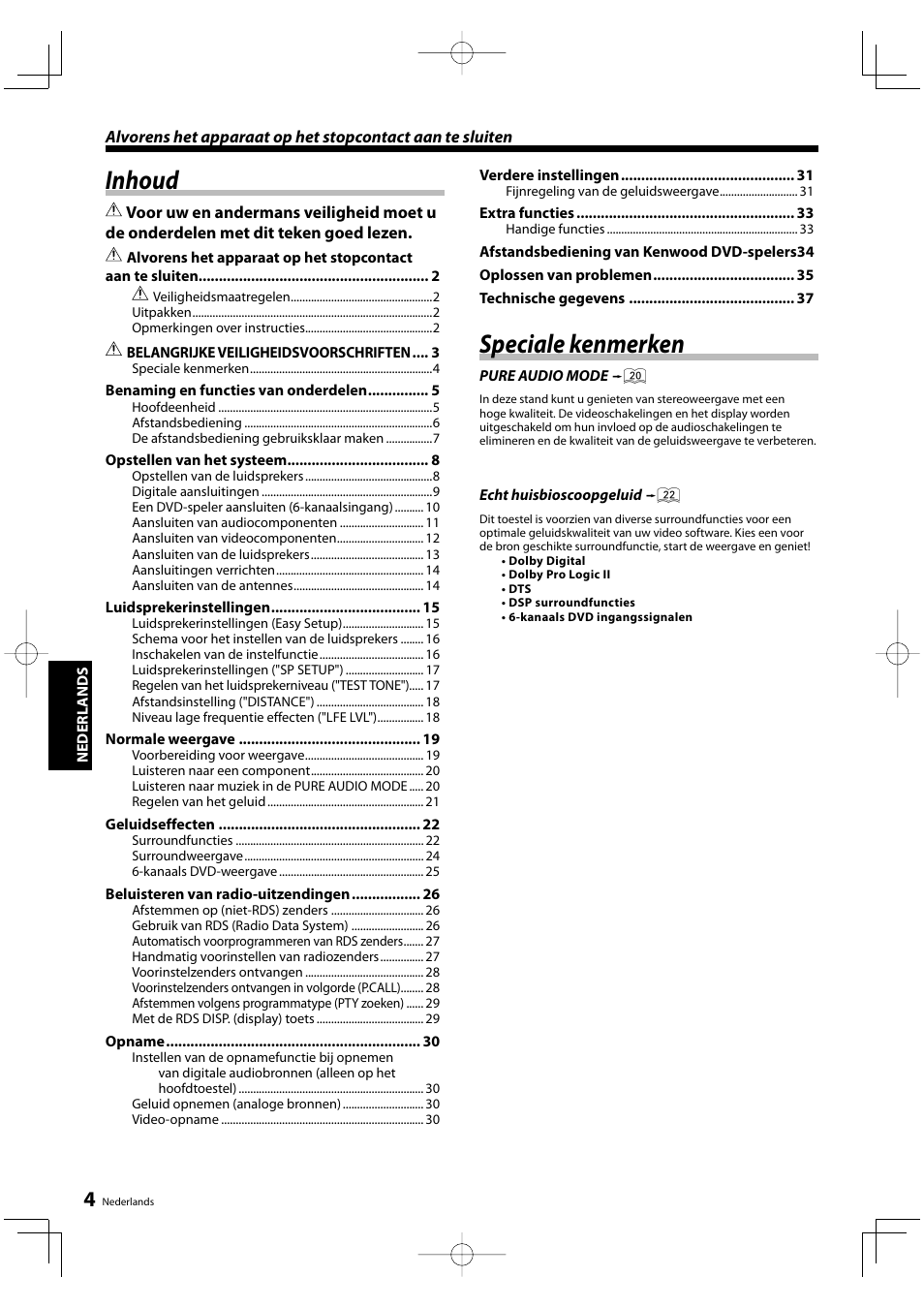 Inhoud, Speciale kenmerken | Kenwood KRF-V5200D User Manual | Page 80 / 192