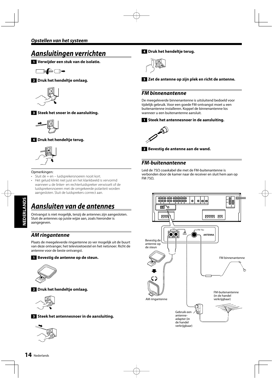 Aansluitingen verrichten, Aansluiten van de antennes, Am ringantenne | Fm binnenantenne, Fm-buitenantenne, Opstellen van het systeem | Kenwood KRF-V5200D User Manual | Page 90 / 192