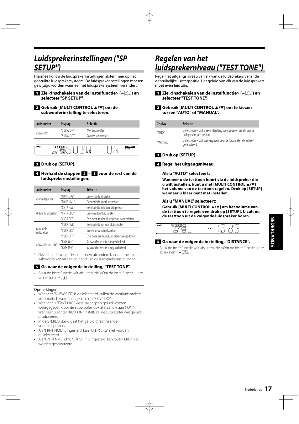 Luidsprekerinstellingen ("sp setup"), Regelen van het luidsprekerniveau ("test tone") | Kenwood KRF-V5200D User Manual | Page 93 / 192