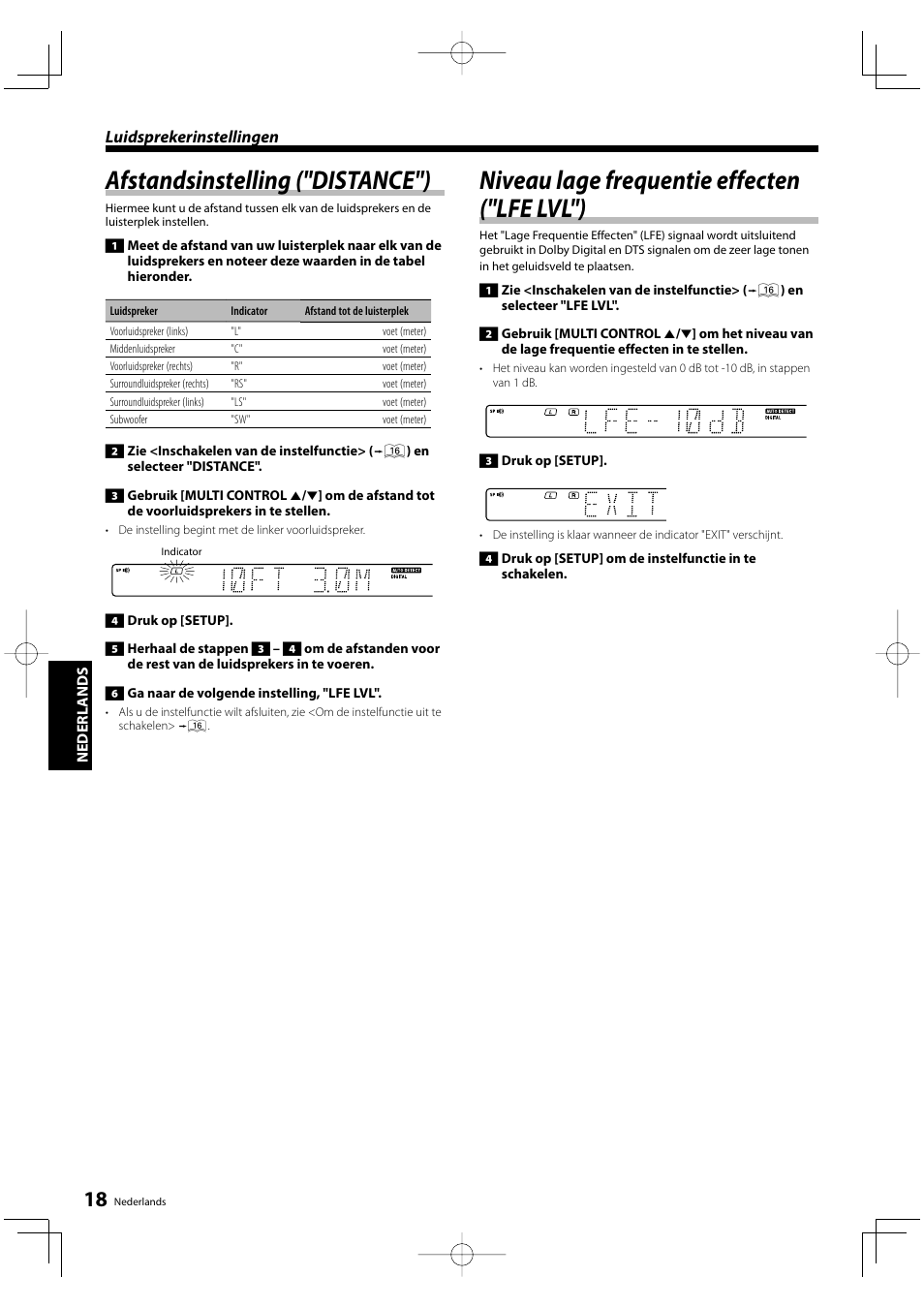 Afstandsinstelling ("distance"), Niveau lage frequentie effecten ("lfe lvl"), Luidsprekerinstellingen | Kenwood KRF-V5200D User Manual | Page 94 / 192