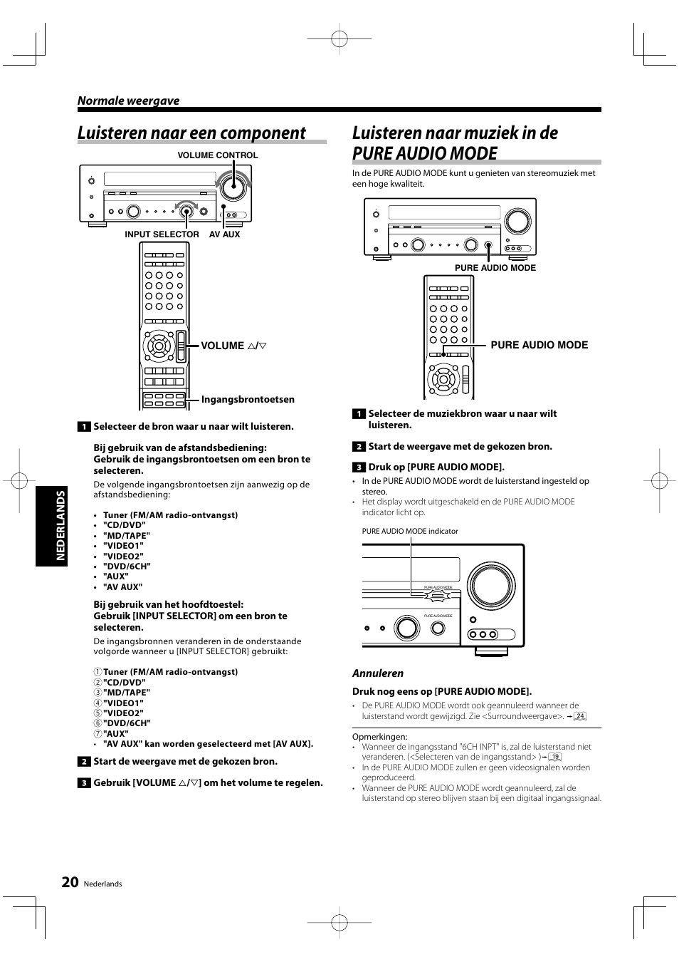 Luisteren naar een component, Luisteren naar muziek in de pure audio mode, Normale weergave | Kenwood KRF-V5200D User Manual | Page 96 / 192