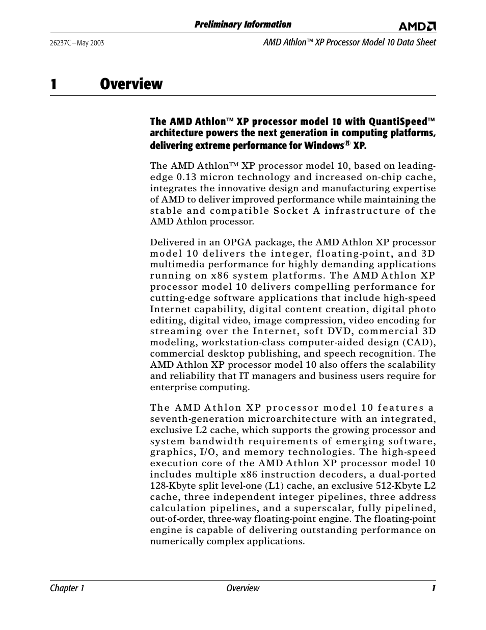 1 overview, Overview, In chapter 1, re | 1overview | AMD Athlon 27493 User Manual | Page 13 / 104