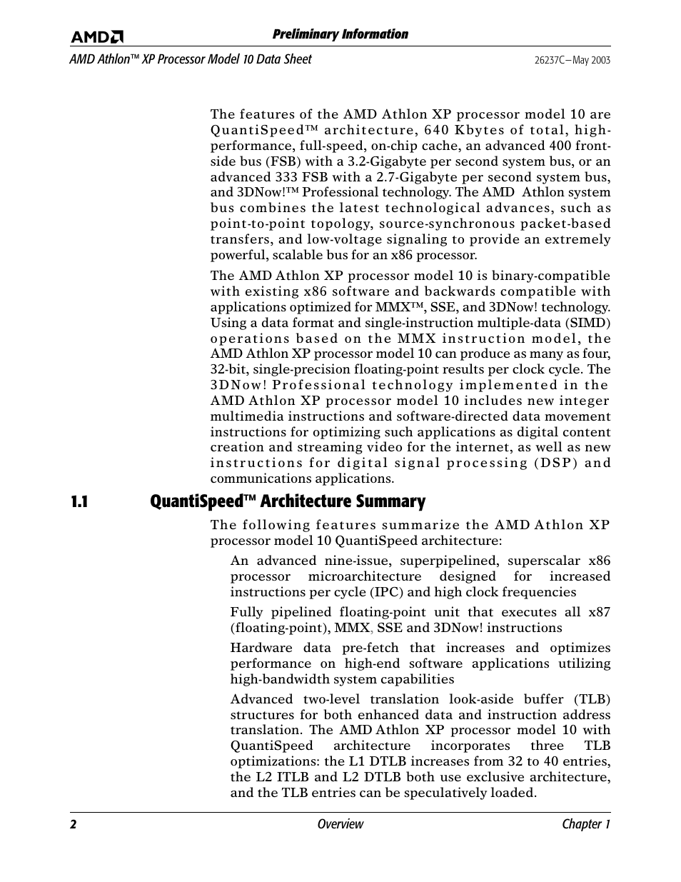 1 quantispeed™ architecture summary | AMD Athlon 27493 User Manual | Page 14 / 104