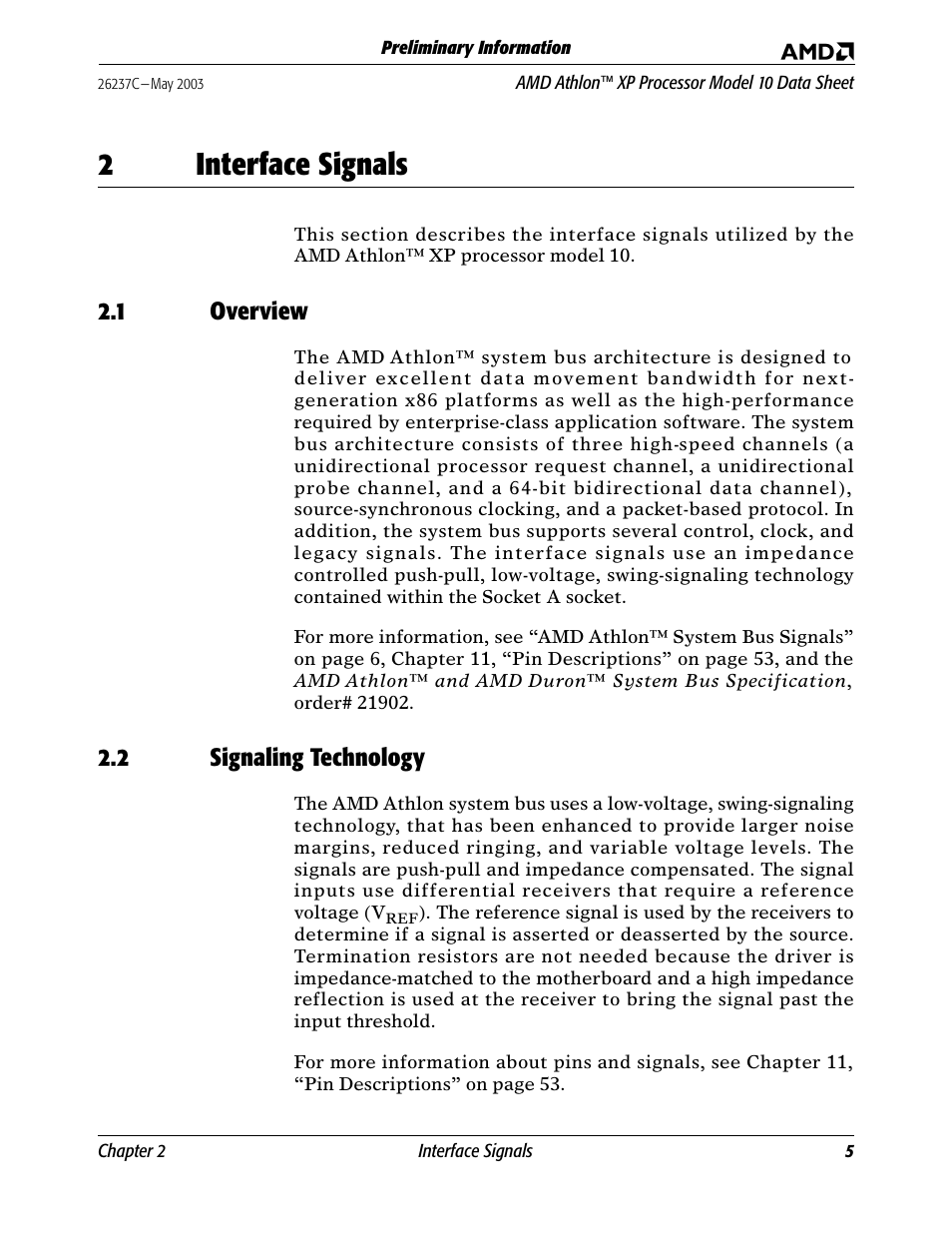 2 interface signals, 1 overview, 2 signaling technology | Interface signals, Overview, 2interface signals | AMD Athlon 27493 User Manual | Page 17 / 104