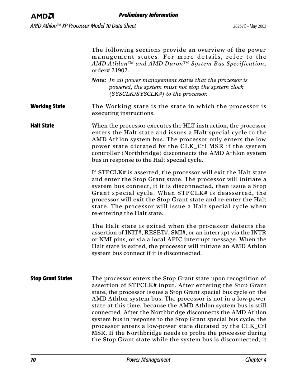 Working state, Halt state, Stop grant states | Stop gr | AMD Athlon 27493 User Manual | Page 22 / 104