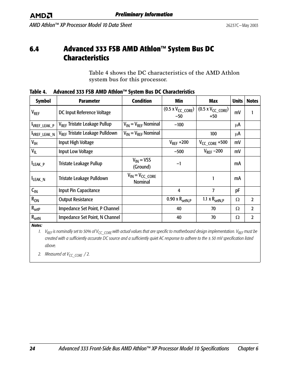 Table 4, Advanced 333 fsb amd athlon system bus dc | AMD Athlon 27493 User Manual | Page 36 / 104