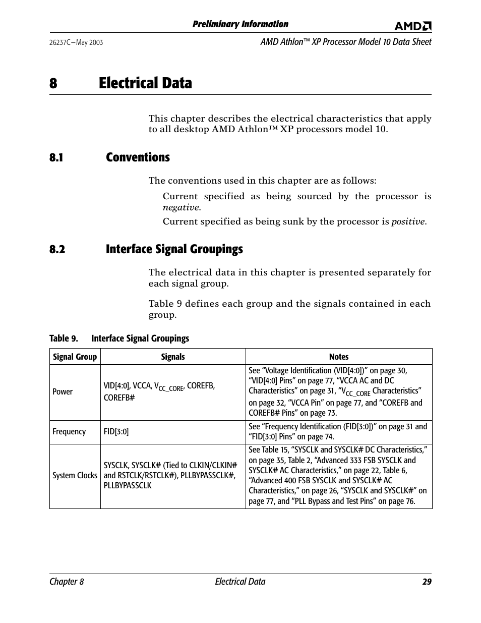 8 electrical data, 1 conventions, 2 interface signal groupings | Table 9, Interface signal groupings, 8electrical data | AMD Athlon 27493 User Manual | Page 41 / 104