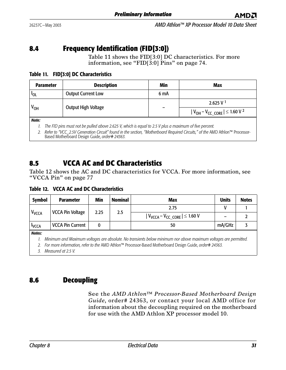 4 frequency identification (fid[3:0]), 5 vcca ac and dc characteristics, 6 decoupling | Table 12, Vcca ac and dc characteristics, A ac | AMD Athlon 27493 User Manual | Page 43 / 104