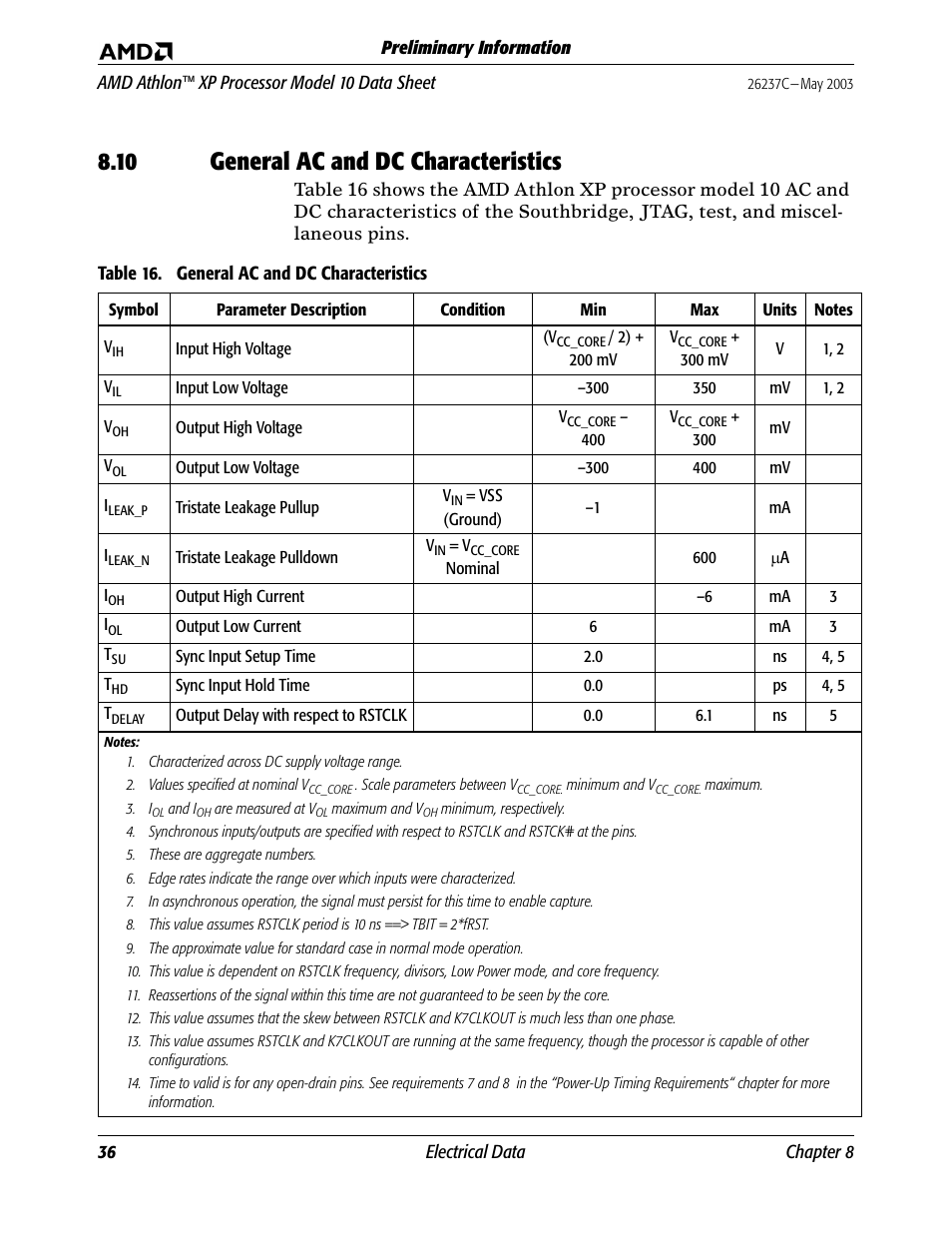 10 general ac and dc characteristics, General ac and dc characteristics, Table 16 | AMD Athlon 27493 User Manual | Page 48 / 104