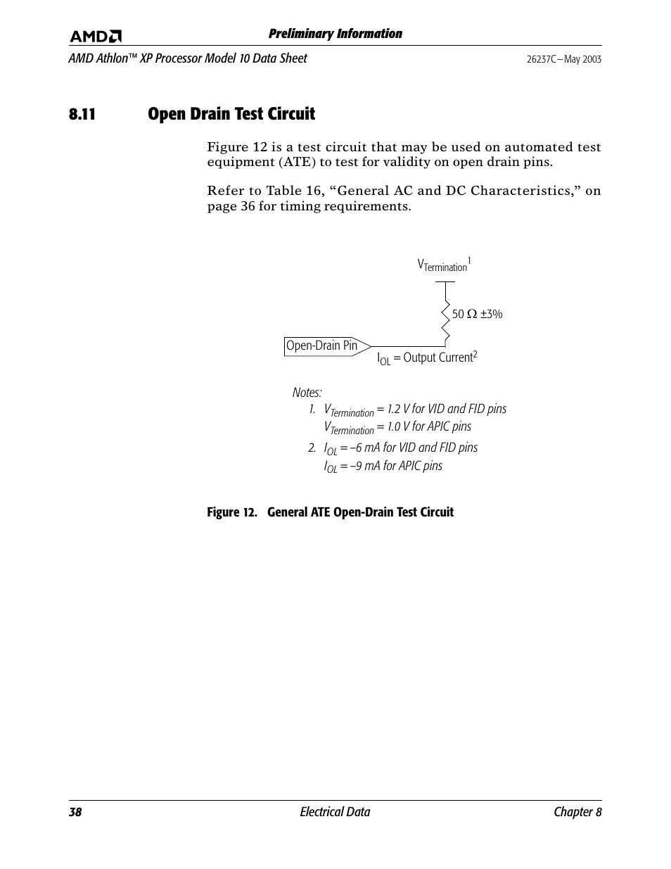 11 open drain test circuit, Open drain test circuit, Figure 12. general ate open-drain test circuit | AMD Athlon 27493 User Manual | Page 50 / 104