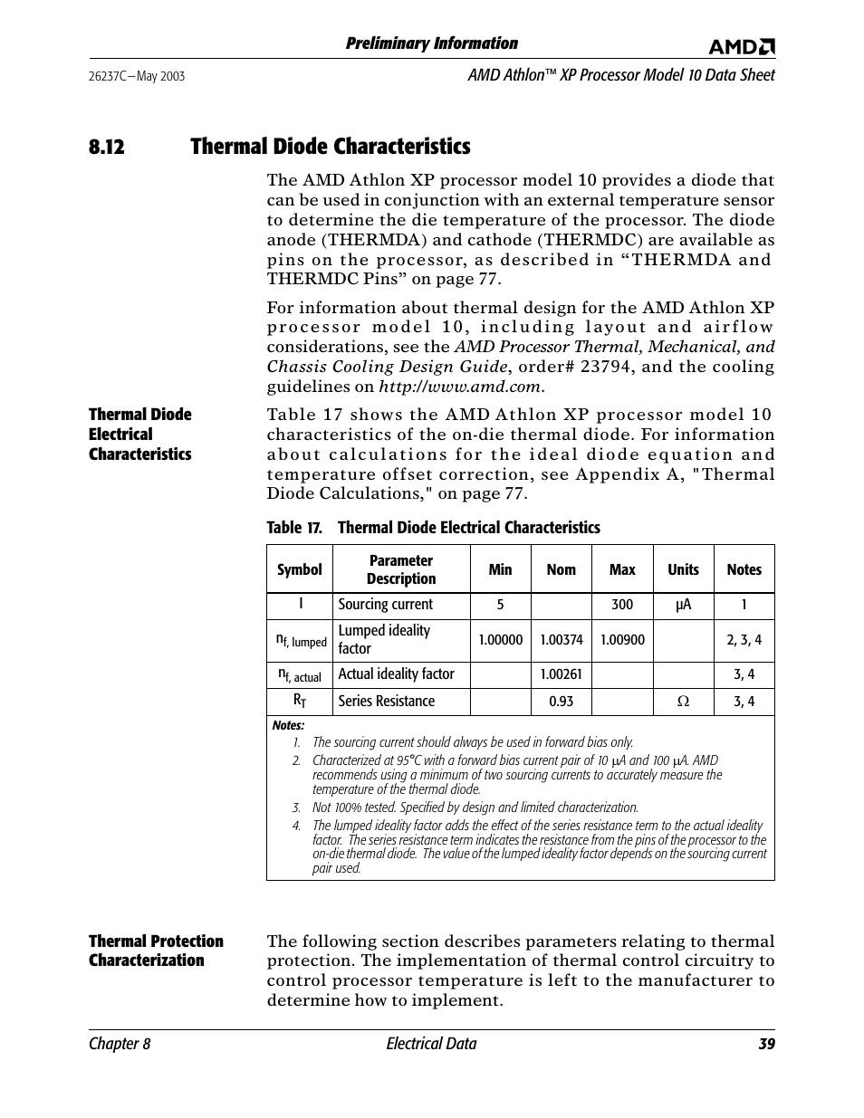 12 thermal diode characteristics, Thermal diode electrical characteristics, Thermal protection characterization | Thermal diode characteristics, Thermal diode electrical characteristics t, Table 17 | AMD Athlon 27493 User Manual | Page 51 / 104