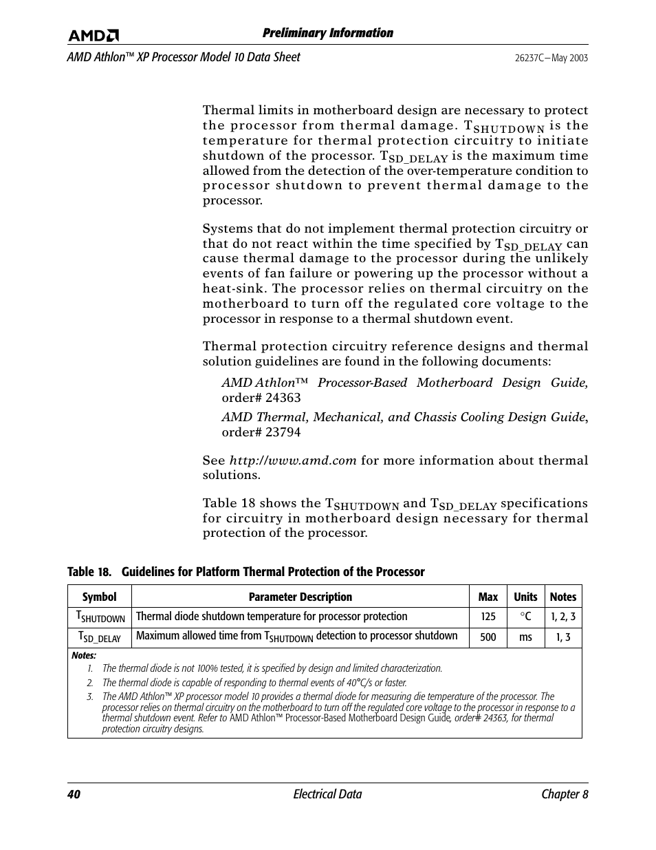 Table 18, Guidelines for platform thermal protection of the | AMD Athlon 27493 User Manual | Page 52 / 104