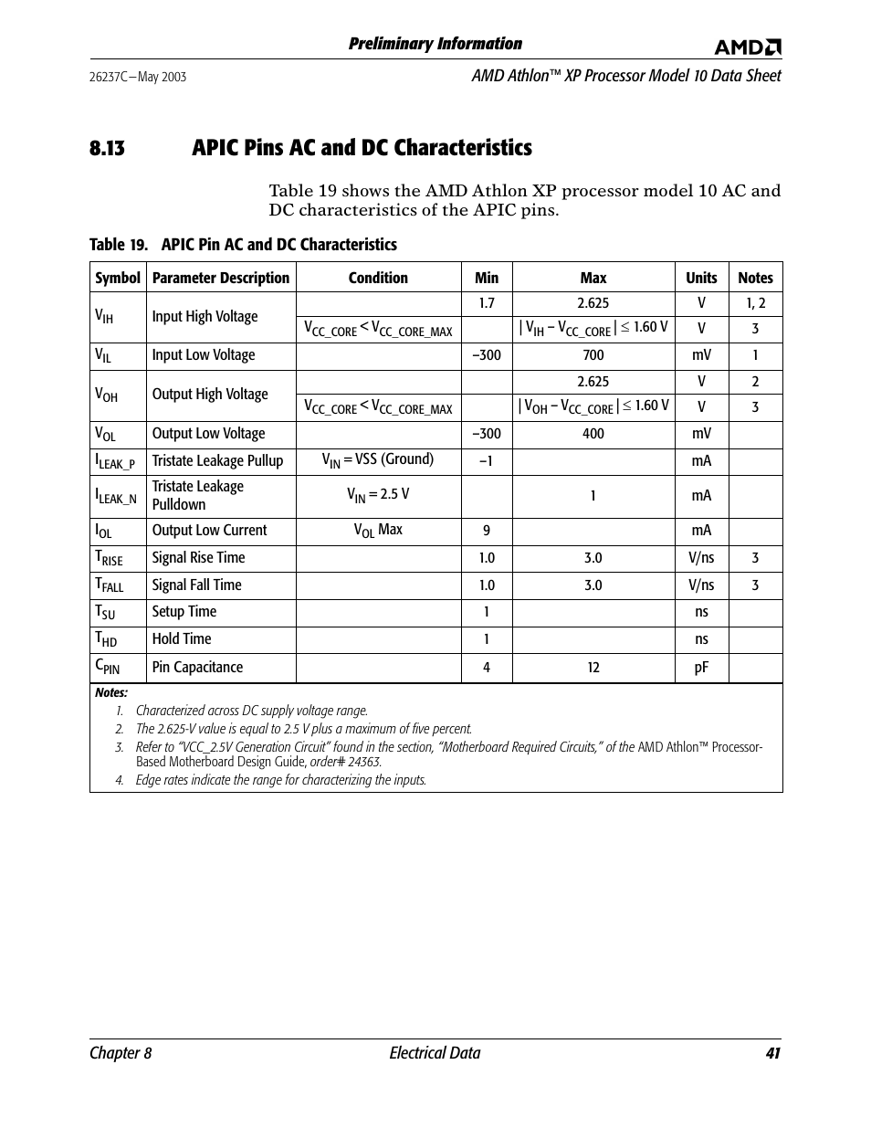 13 apic pins ac and dc characteristics, Apic pins ac and dc characteristics | AMD Athlon 27493 User Manual | Page 53 / 104