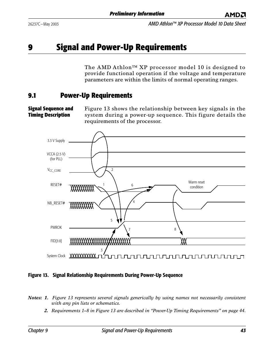 9 signal and powerup requirements, 1 powerup requirements, Signal sequence and timing description | Signal and power-up requirements, Signal sequence and t, Sequence, 9signal and power-up requirements, 1 power-up requirements | AMD Athlon 27493 User Manual | Page 55 / 104