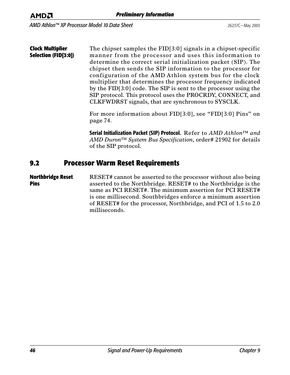 Clock multiplier selection (fid[3:0]), 2 processor warm reset requirements, Northbridge reset pins | Cloc, Northb | AMD Athlon 27493 User Manual | Page 58 / 104