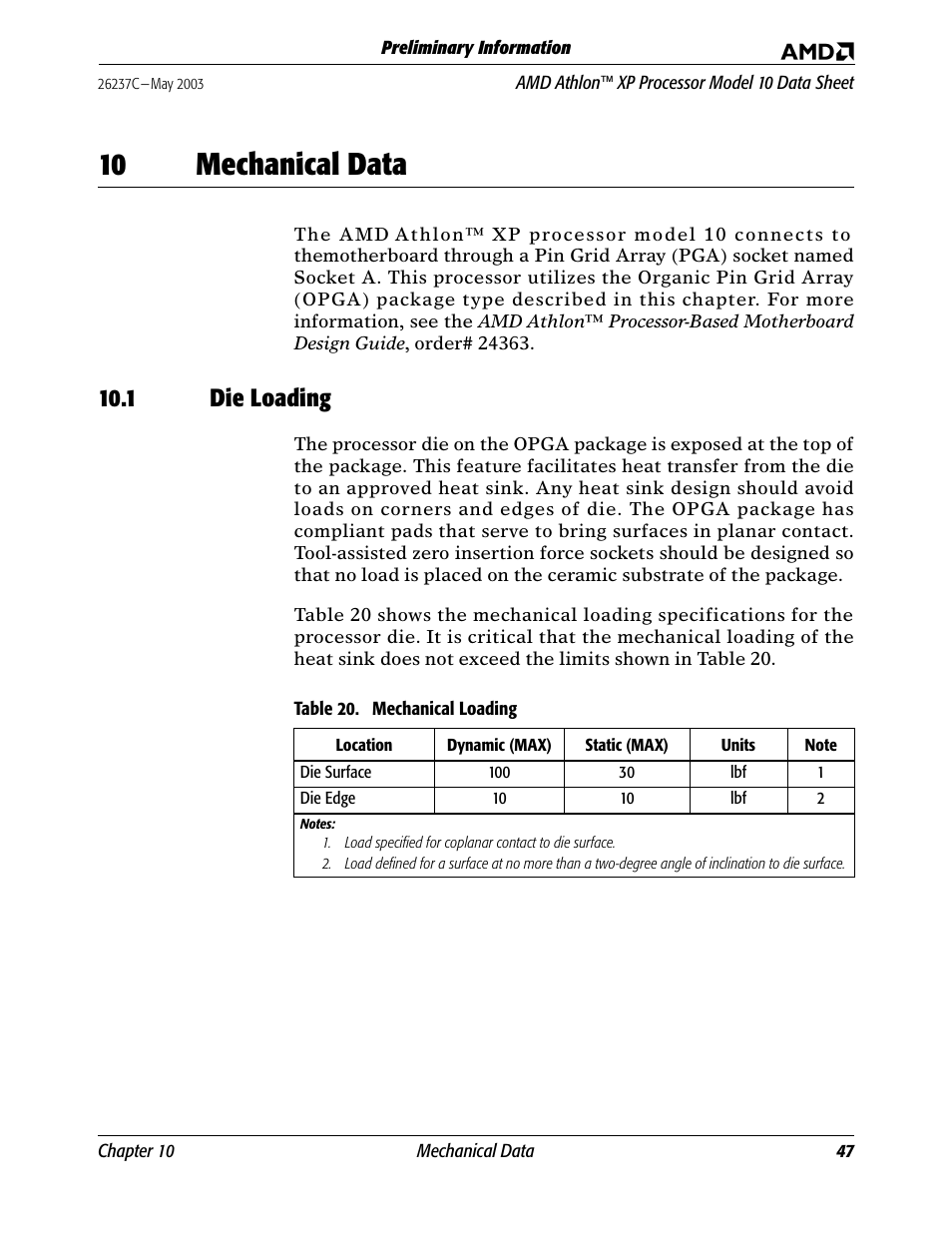 10 mechanical data, 1 die loading, Mechanical data | Die loading, Table 20, Mechanical loading, Sysclk and sysc | AMD Athlon 27493 User Manual | Page 59 / 104