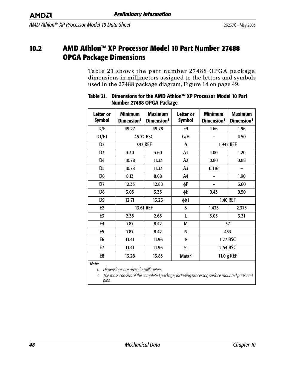 Table 21, Dimensions for the amd athlon xp processor, 0 part | AMD Athlon 27493 User Manual | Page 60 / 104