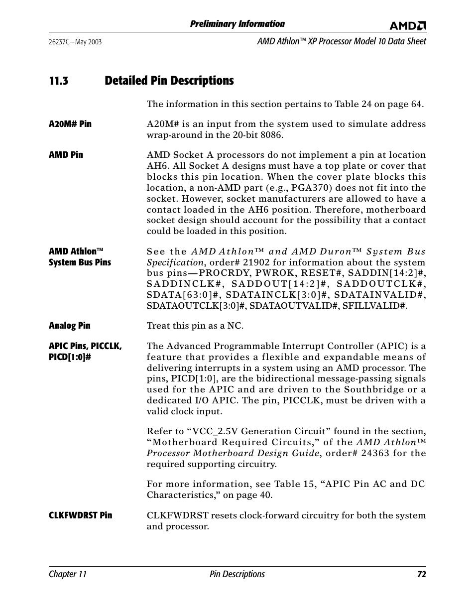 3 detailed pin descriptions, A20m# pin, Amd pin | Amdathlon™ system bus pins, Analog pin, Apic pins, picclk, picd[1:0, Clkfwdrst pin, Detailed, A20m# pin amd pin, Analo | AMD Athlon 27493 User Manual | Page 84 / 104