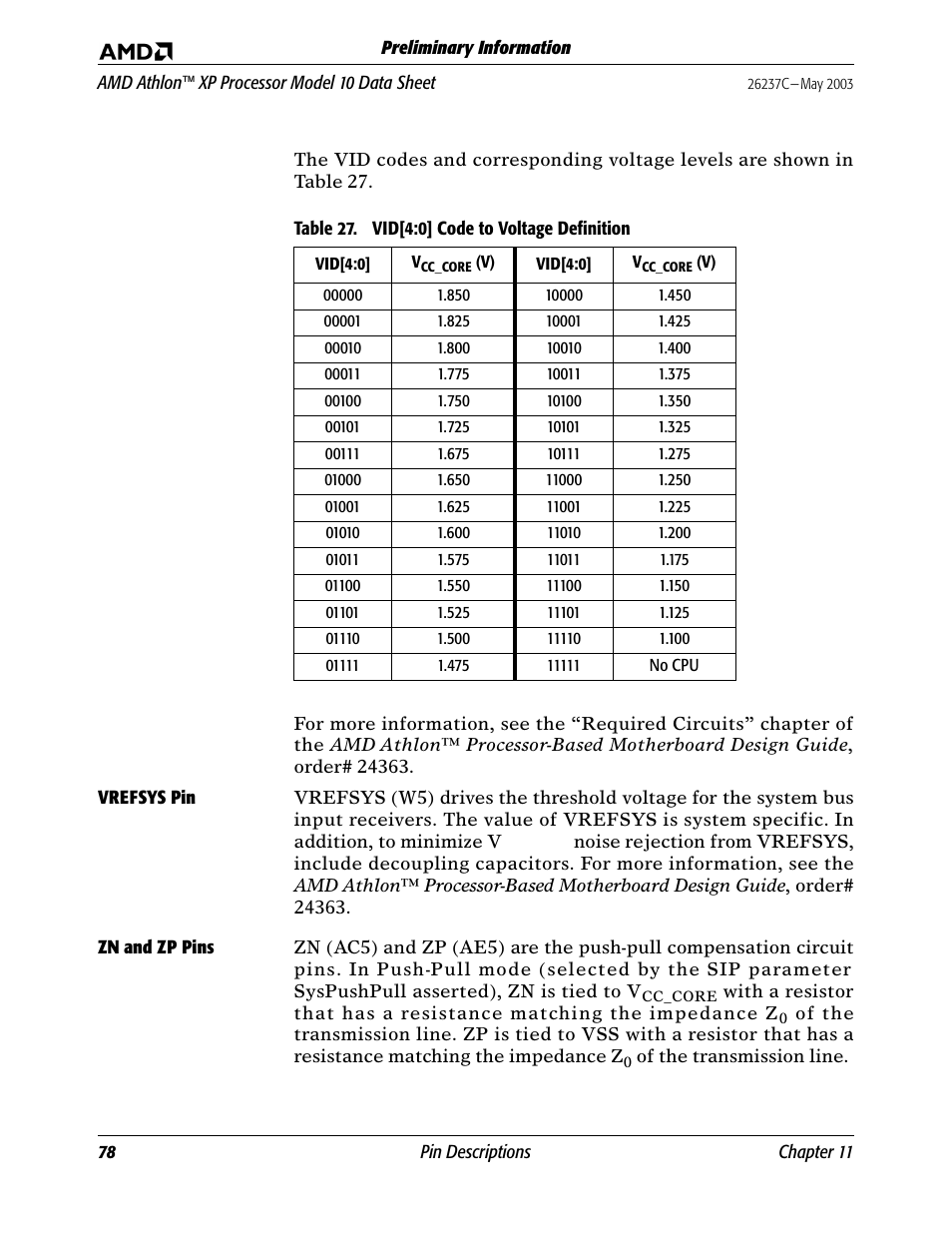 Vrefsys pin, Zn and zp pins, Vrefsy | Table 27, Vid[4:0] code to voltage definition | AMD Athlon 27493 User Manual | Page 90 / 104