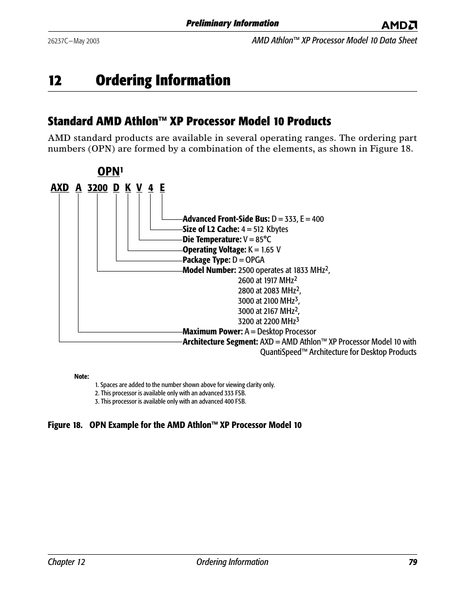 12 ordering information, Ordering information, Standard amd athlon xp processor model 10 products | Figure 18. opn example for the amd, In chapter 12 | AMD Athlon 27493 User Manual | Page 91 / 104