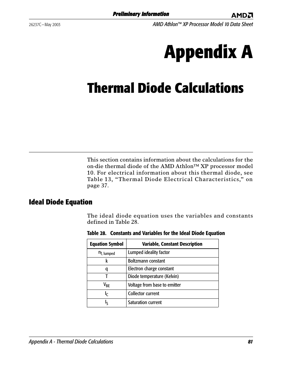 Thermal diode calculations, Ideal diode equation, Appendix a thermal diode calculations | Table 28, Appendix a | AMD Athlon 27493 User Manual | Page 93 / 104