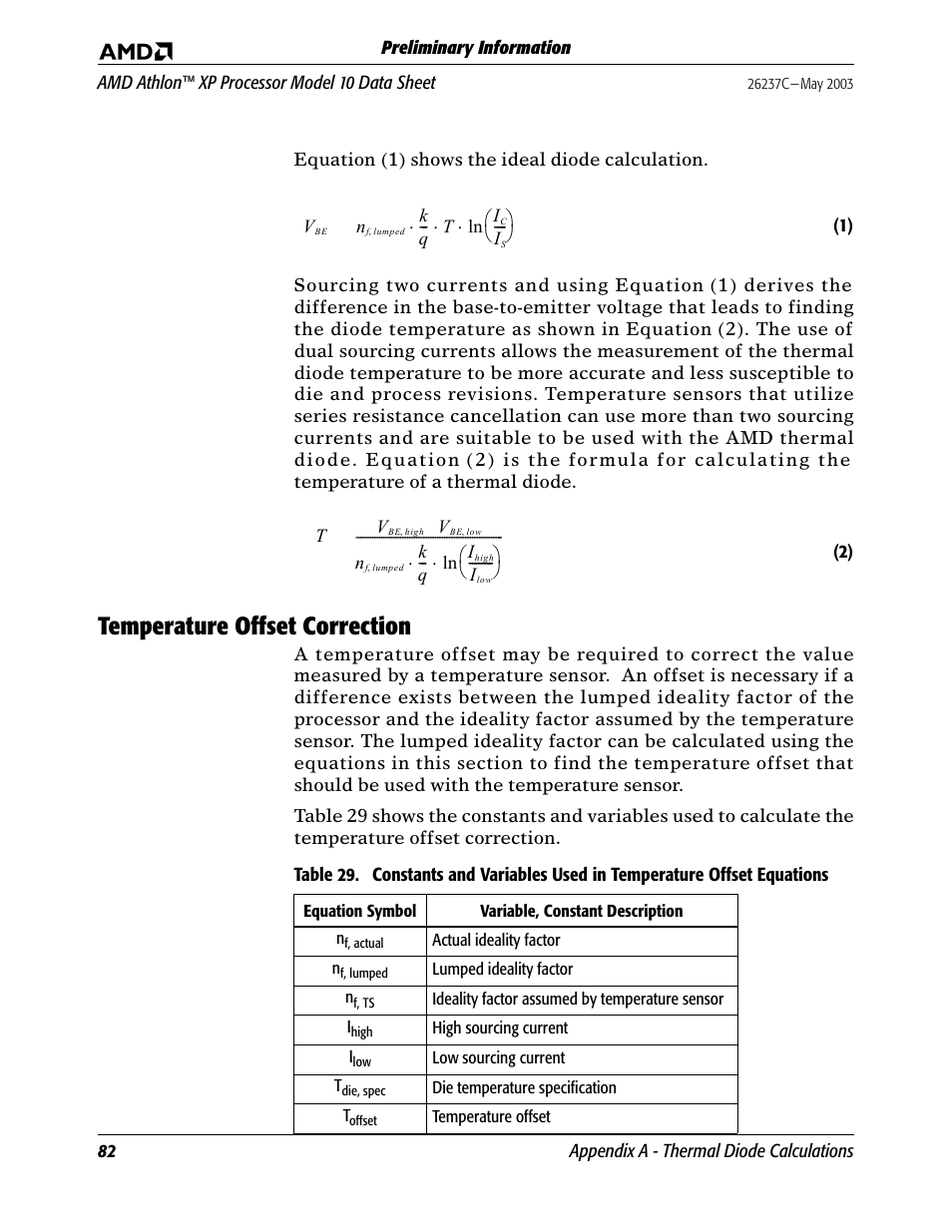 Temperature offset correction, Table 29, Constants and variables used in temperature offset | AMD Athlon 27493 User Manual | Page 94 / 104