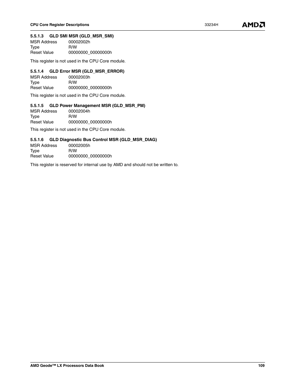 3 gld smi msr (gld_msr_smi), 4 gld error msr (gld_msr_error), 5 gld power management msr (gld_msr_pm) | 6 gld diagnostic bus control msr (gld_msr_diag), Gld smi msr (gld_msr_smi), Gld error msr (gld_msr_error), Gld power management msr (gld_msr_pm), Gld diagnostic bus control msr (gld_msr_diag) | AMD Geode LX 800@0.9W User Manual | Page 109 / 680