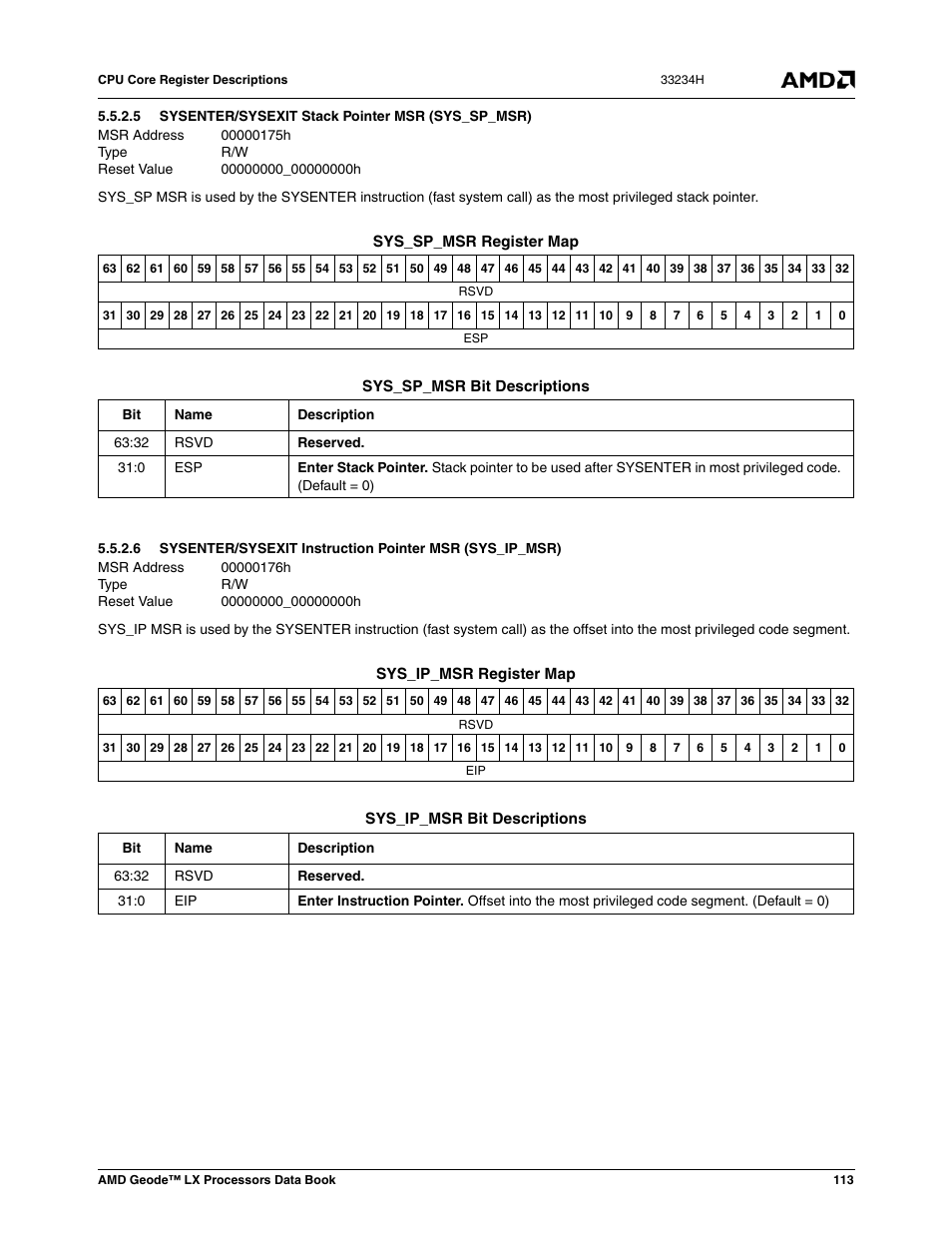 5 sysenter/sysexit stack pointer msr (sys_sp_msr), 00000175h, Sysenter/sysexit stack pointer msr (sys_sp_msr) | 00000000_00000000h, 00000176h | AMD Geode LX 800@0.9W User Manual | Page 113 / 680