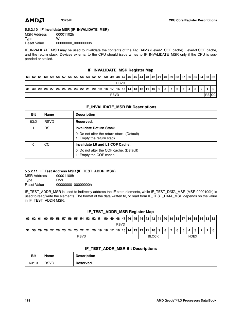 10 if invalidate msr (if_invalidate_msr), 11 if test address msr (if_test_addr_msr), 00001102h | If invalidate msr (if_invalidate_msr), 00000000_00000000h, 00001108h, If test address msr (if_test_addr_msr) | AMD Geode LX 800@0.9W User Manual | Page 118 / 680