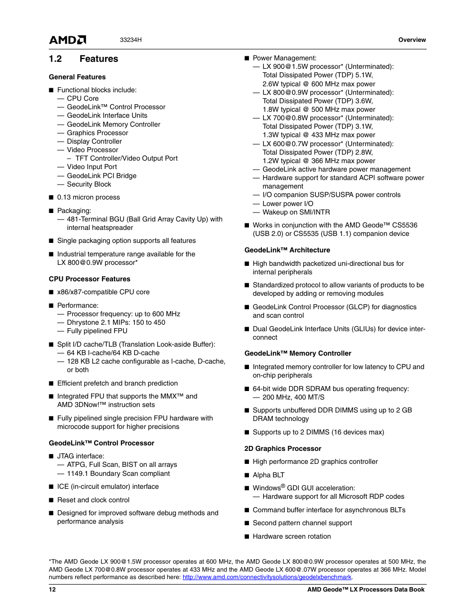 2 features, Features | AMD Geode LX 800@0.9W User Manual | Page 12 / 680