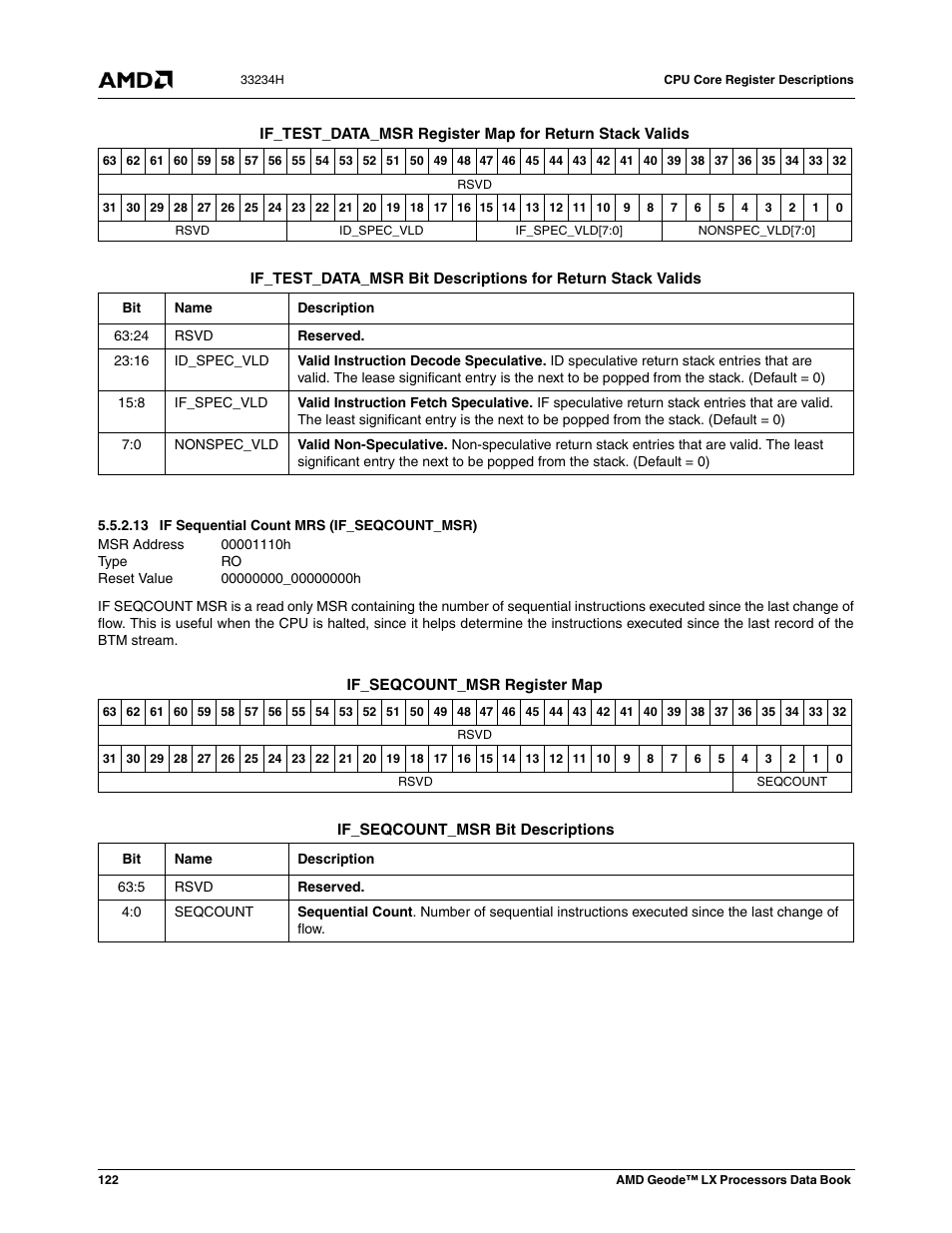 13 if sequential count mrs (if_seqcount_msr), 00001110h, If sequential count mrs (if_seqcount_msr) | 00000000_00000000h | AMD Geode LX 800@0.9W User Manual | Page 122 / 680