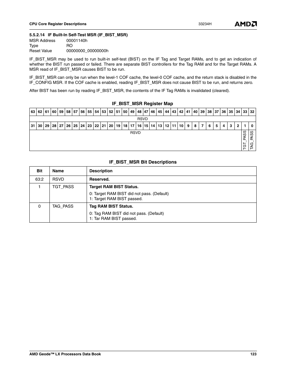 14 if built-in self-test msr (if_bist_msr), 00001140h, If built-in self-test msr (if_bist_msr) | 00000000_00000000h | AMD Geode LX 800@0.9W User Manual | Page 123 / 680