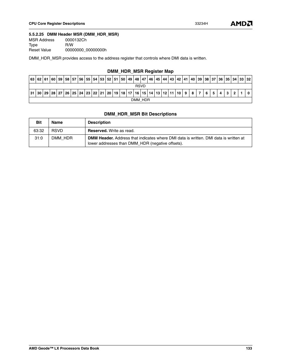 25 dmm header msr (dmm_hdr_msr), 0000132ch, Dmm header msr (dmm_hdr_msr) | 00000000_00000000h | AMD Geode LX 800@0.9W User Manual | Page 133 / 680