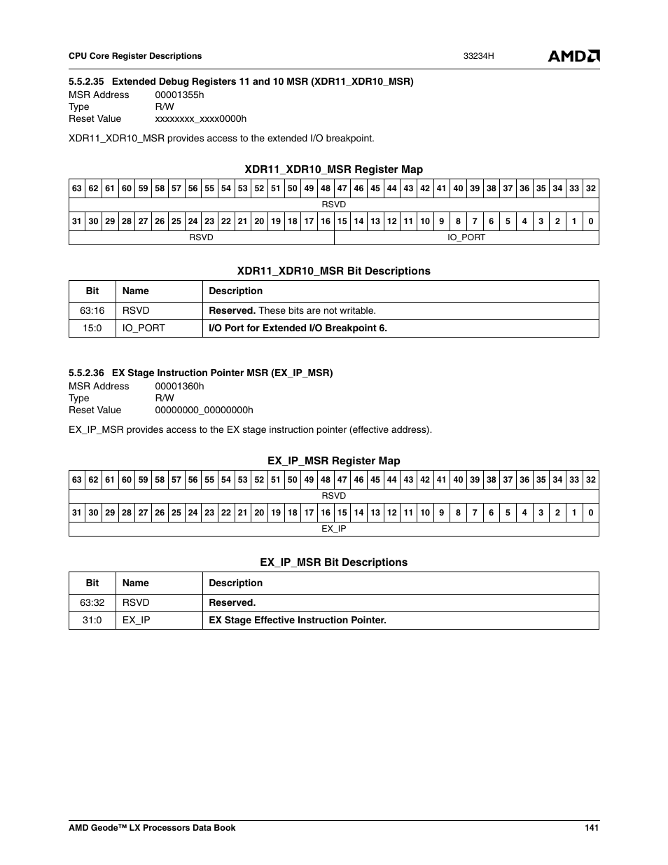 36 ex stage instruction pointer msr (ex_ip_msr), 00001355h, Xxxxxxxx_xxxx0000h | 00001360h, Ex stage instruction pointer msr (ex_ip_msr), 00000000_00000000h | AMD Geode LX 800@0.9W User Manual | Page 141 / 680