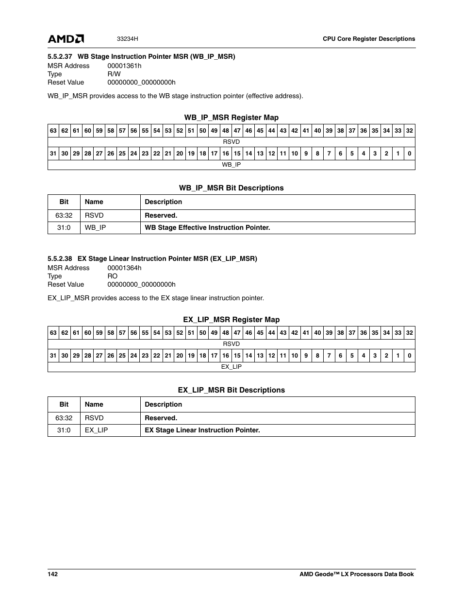 37 wb stage instruction pointer msr (wb_ip_msr), 00001361h, Wb stage instruction pointer msr (wb_ip_msr) | 00000000_00000000h, 00001364h | AMD Geode LX 800@0.9W User Manual | Page 142 / 680