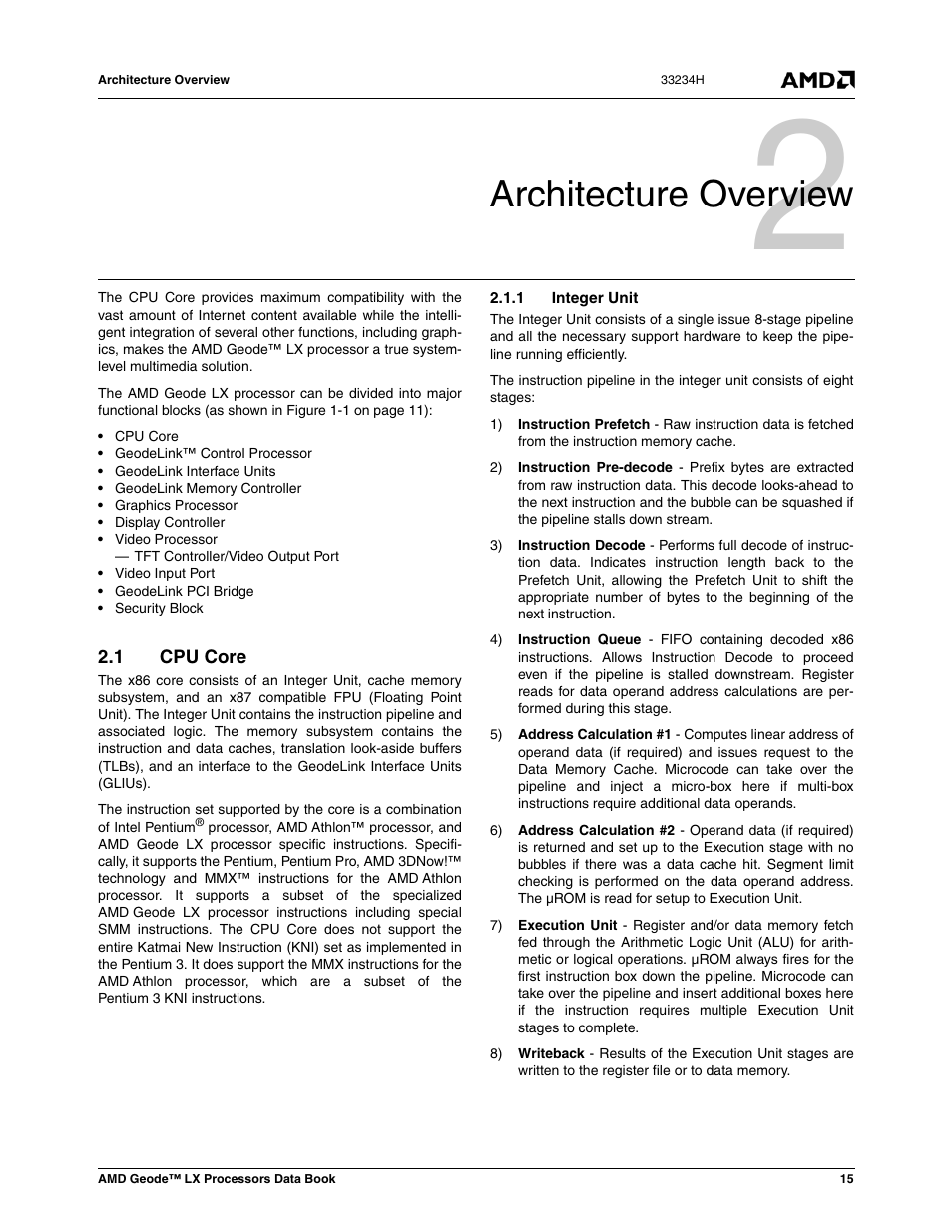 Architecture overview, 1 cpu core, 1 integer unit | Cpu core, 0 architecture overview | AMD Geode LX 800@0.9W User Manual | Page 15 / 680