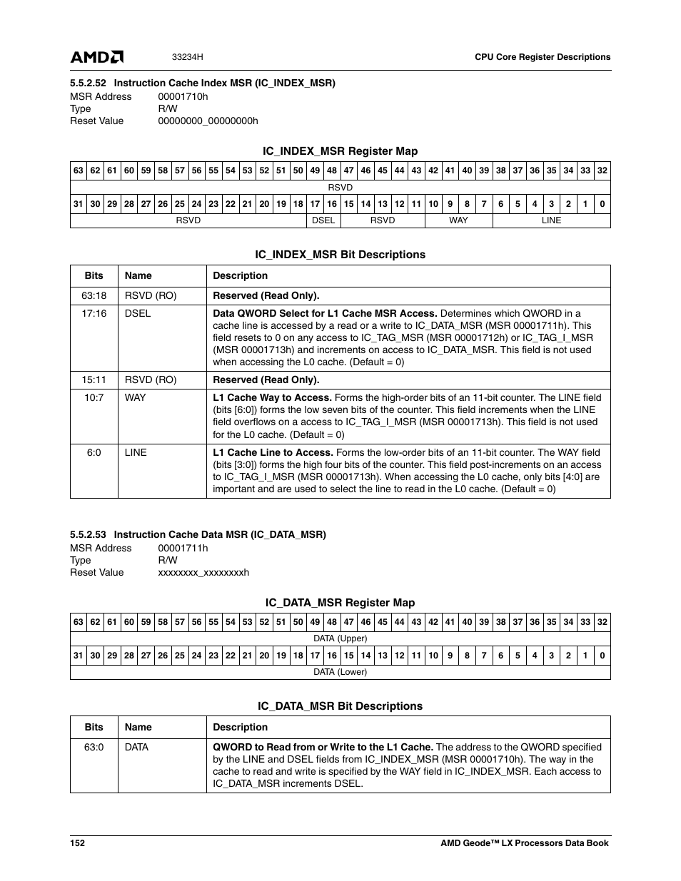52 instruction cache index msr (ic_index_msr), 53 instruction cache data msr (ic_data_msr), 00001710h | Instruction cache index msr (ic_index_msr), 00000000_00000000h, 00001711h, Instruction cache data msr (ic_data_msr), Xxxxxxxx_xxxxxxxxh | AMD Geode LX 800@0.9W User Manual | Page 152 / 680